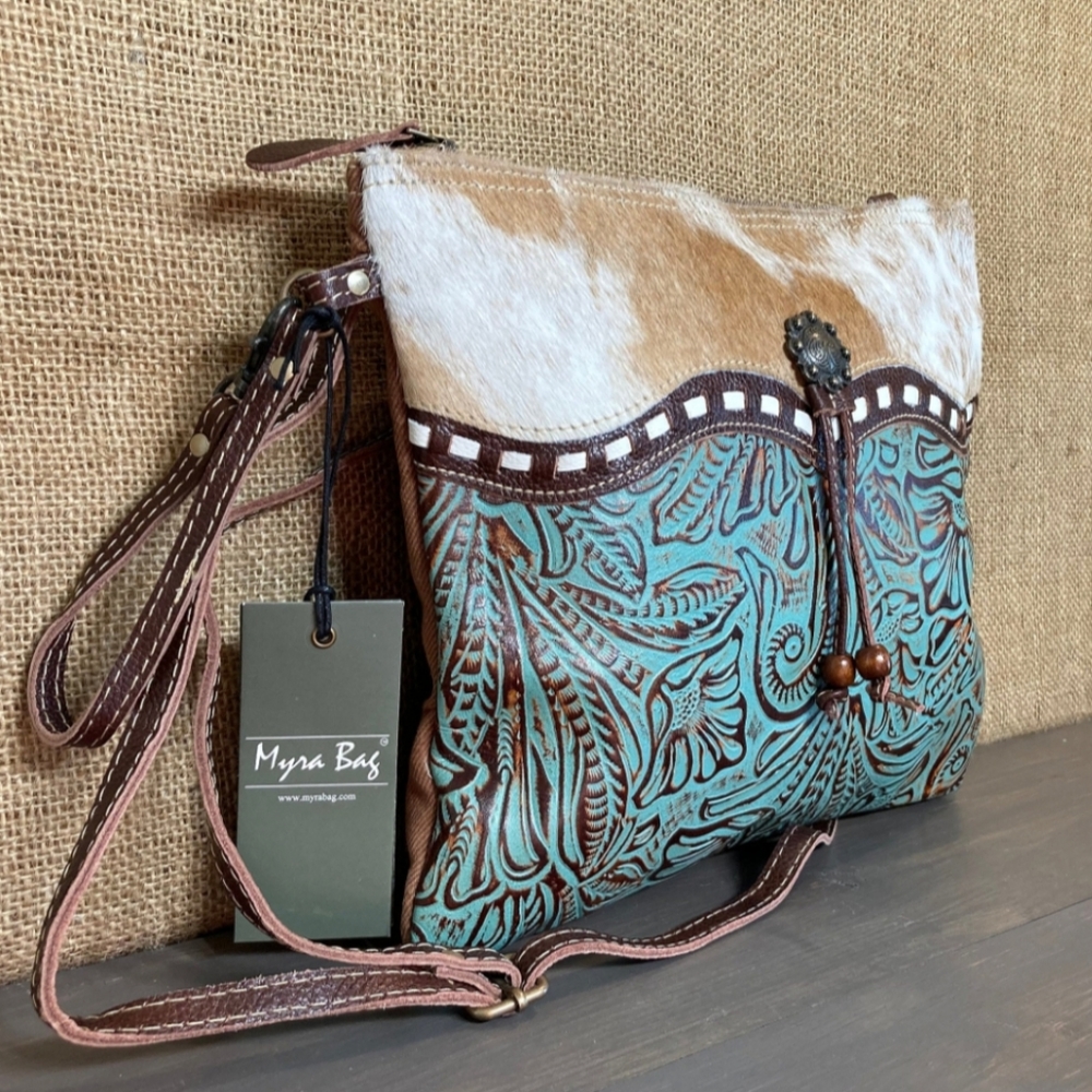 Myra Bag Brown Hair-on Cowhide and Turquoise Tooled Leather Shoulder Bag - Picture 6 of 11